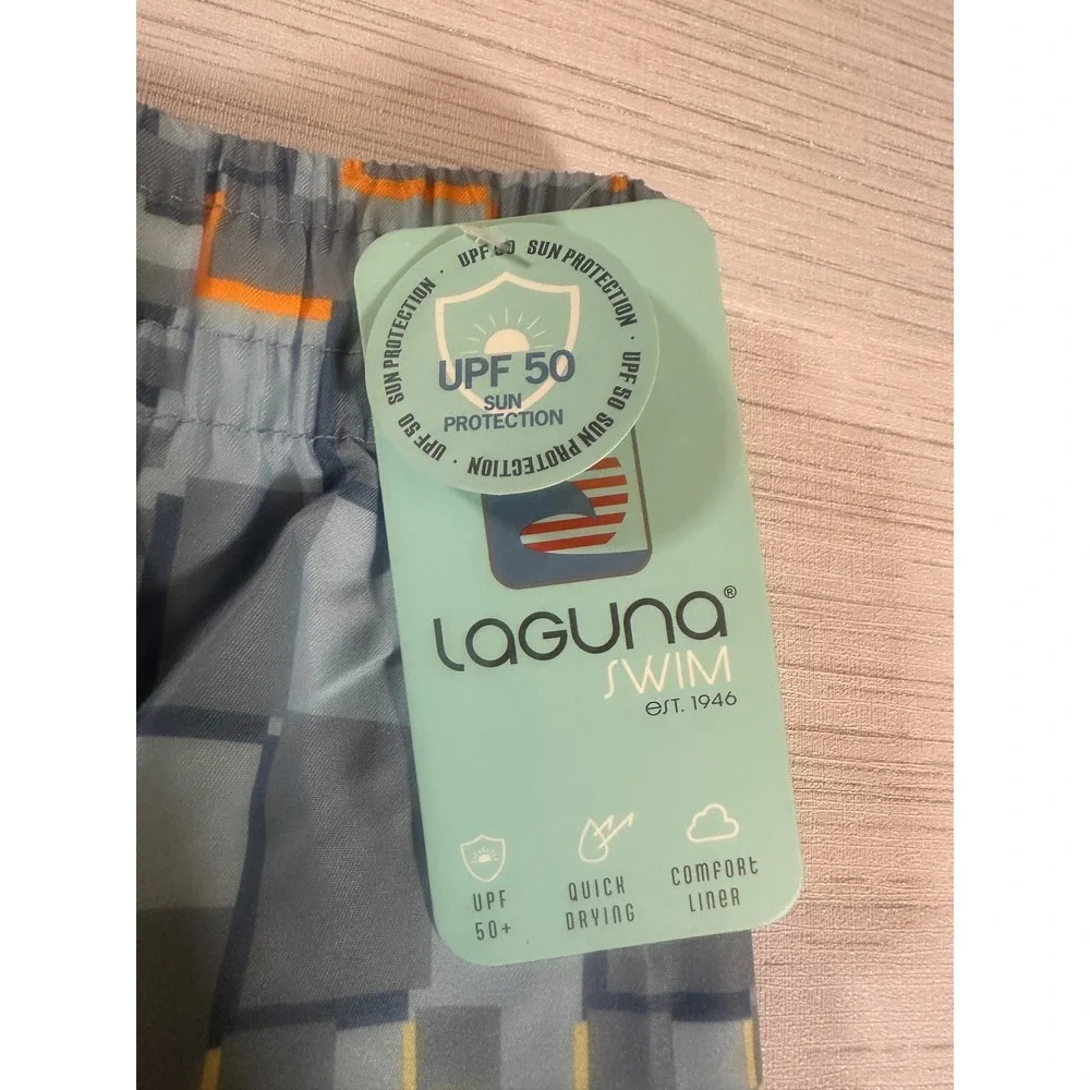 Laguna Swim Boys Board Shorts Grey Orange Geometric Checkered Trunks M 10/12 NEW